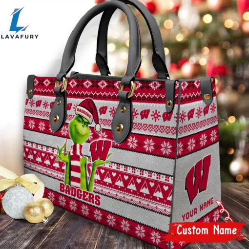 NCAA Wisconsin Badgers Grinch Christmas Women Leather Hand Bag