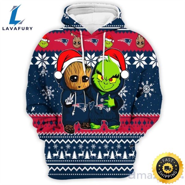 New England Patriots Baby Groot And Grinch Best Friends 3d Hoodie Christmas Sweater