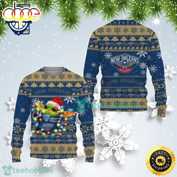 New Orleans Pelicans Baby Yoda Christmas Light Ugly Christmas Sweater