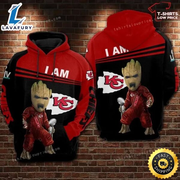Nfl Football Kansas City Chiefs Groot With Super Bowl Cup 3d All Over Print Hoodie