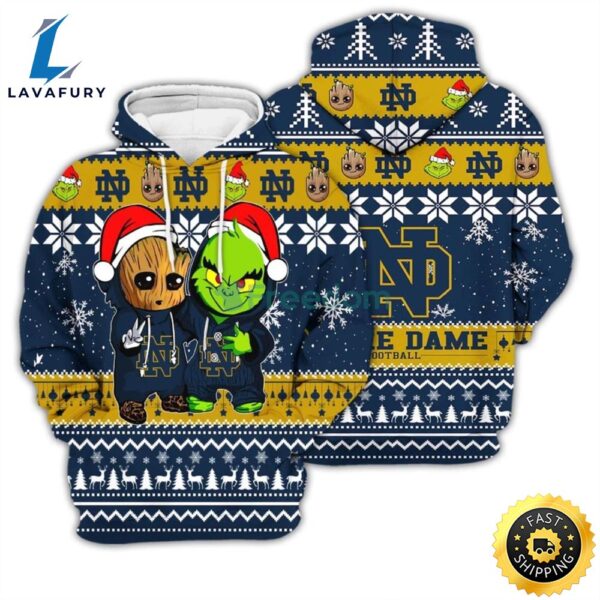Notre Dame Fighting Irish Baby Groot And Grinch Best Friends 3d Chirstmas Sweater Hoodie