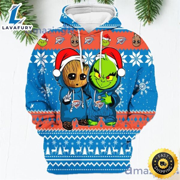 Oklahoma City Thunder Baby Groot And Grinch Best Friends New Trends Christmas Gift 3d Hoodie For Men And Women