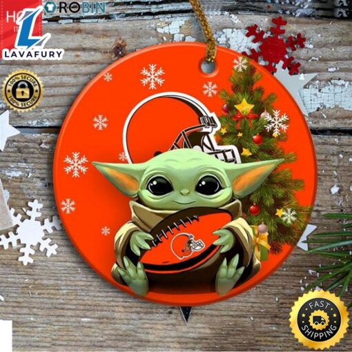 Personalized Cleveland Browns Baby Yoda Christmas Ceramic Ornament