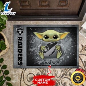 Personalized Las Vegas Raiders Baby Yoda Holding Rugby Ball All Over Print 3D Doormats – Black Grey-TPH