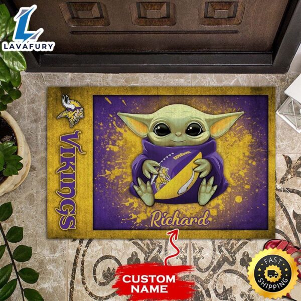 Personalized Minnesota Vikings Baby Yoda Holding Rugby Ball All Over Print 3D Doormats – Purple Yellow-TPH