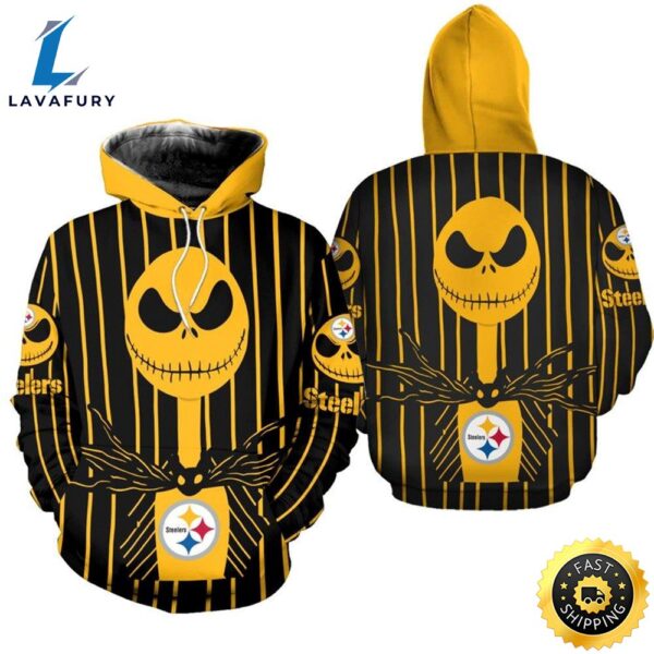 Pittsburgh Steelers Halloween Yellow With Jack Skellington Super Bowl 3d Pullover Hoodie