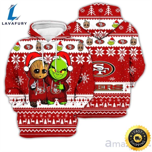 San Francisco 49ers Baby Groot And Grinch Best Friends 3d Hoodie Christmas Sweater