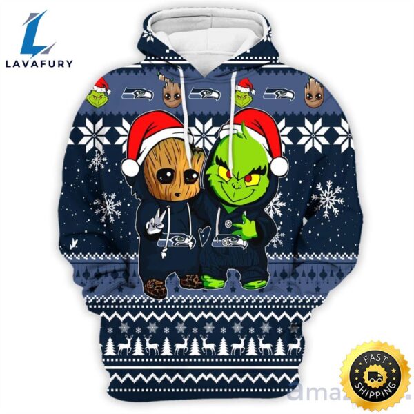 Seattle Seahawks Baby Groot And Grinch Best Friends 3d Hoodie Christmas Sweater