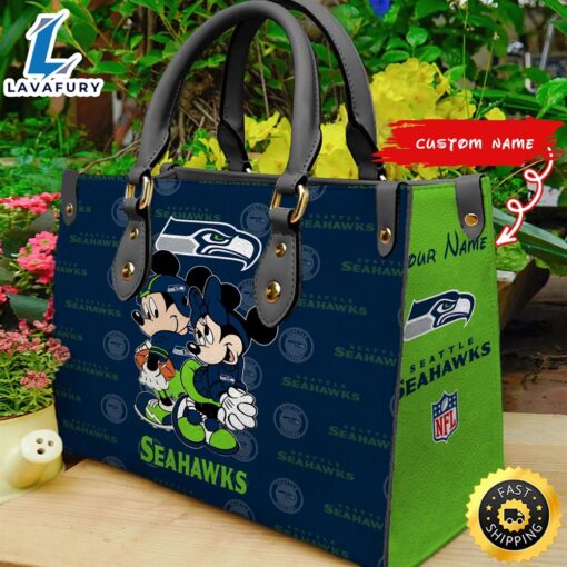 Seattle Seahawks Mickey And Minnie Women Leather Hand Bag