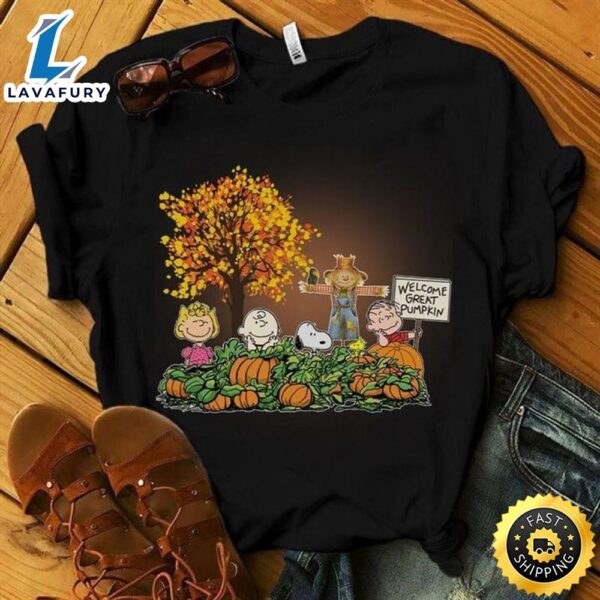 Snoopy And Friends Peanuts Autumn Shirt Welcome Great Pumpkin Halloween Gift Idea Black T Shirt