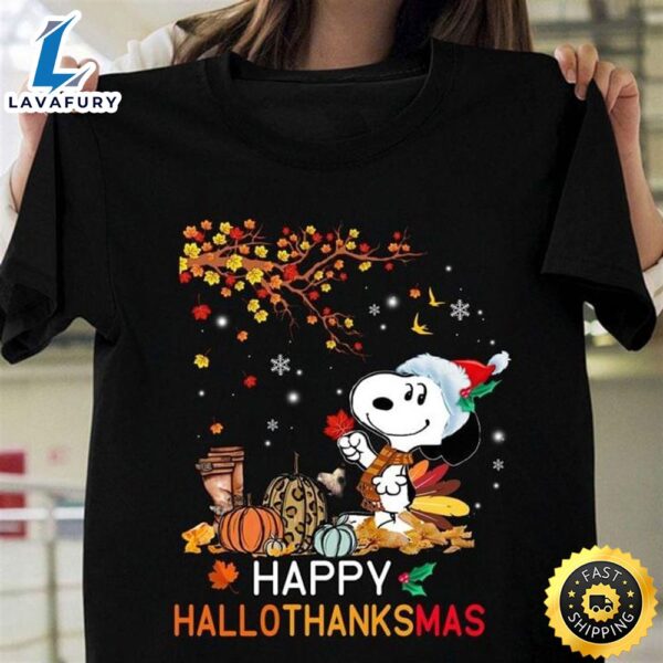 Snoopy Autumn Happy Hallothanksmas Perfect Gift For Holiday Black T Shirt