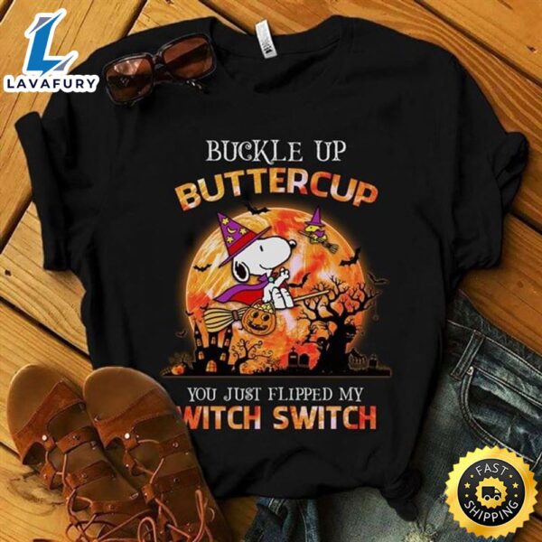 Snoopy Witch Buckle Up Butter Cup Happy Halloween Gift Black T Shirt