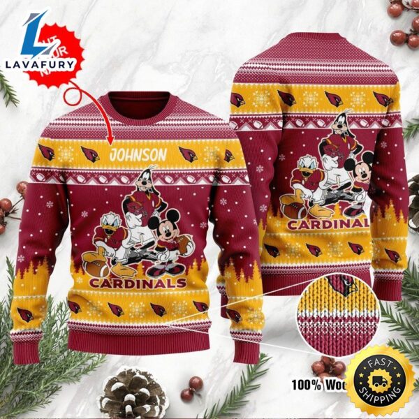Arizona Cardinals Disney Donald Duck Mickey Mouse Goofy Personalized Ugly Christmas Sweater, Perfect Holiday Gift