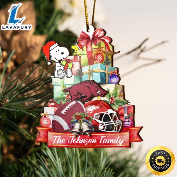 Arkansas Razorbacks And Snoopy Christmas NCAA Ornament Custom Your Family Name
