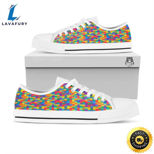 Awareness Puzzle Colorful Autism Print White Low Top Shoes