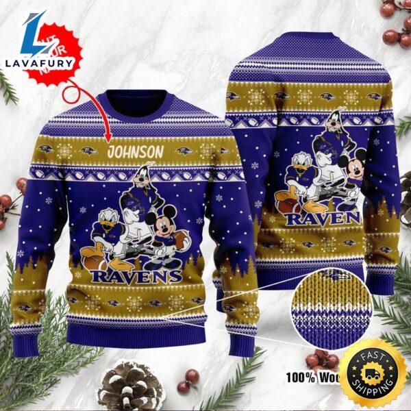 Baltimore Ravens Disney Donald Duck Mickey Mouse Goofy Personalized Ugly Christmas Sweater, Perfect Holiday Gift