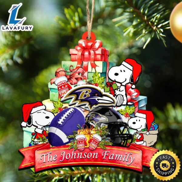 Baltimore Ravens Snoopy And NFL Sport Ornament Personalized Your Family Name
