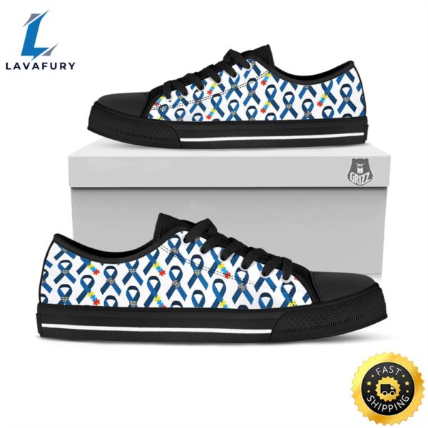 Blue Autism Awarenes Print Pattern Black Low Top Shoes