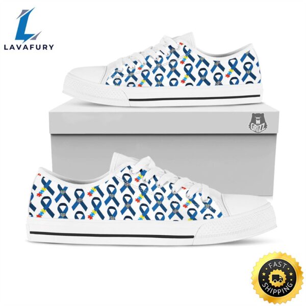 Blue Autism Awarenes Print Pattern White Low Top Shoes