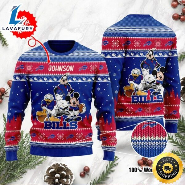 Buffalo Bills Disney Donald Duck Mickey Mouse Goofy Personalized Ugly Christmas Sweater, Perfect Holiday Gift