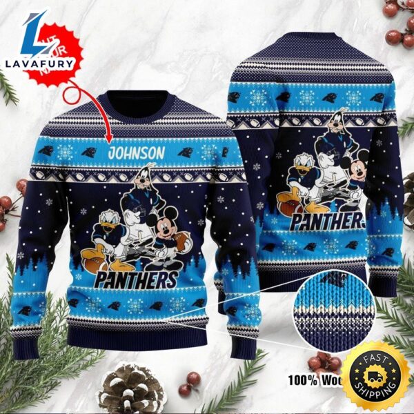 Carolina Panthers Disney Donald Duck Mickey Mouse Goofy Personalized Ugly Christmas Sweater, Perfect Holiday Gift