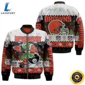 Christmas Cleveland Browns Grinch In Toilet Christmas Knitting Patt Jersey Bomber Jacket