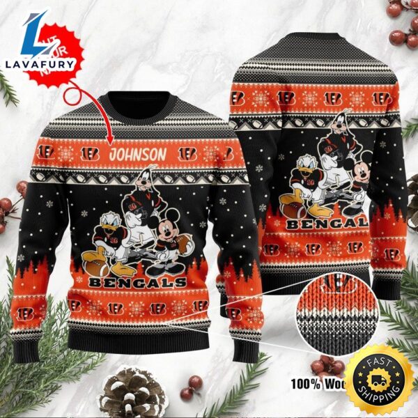 Cincinnati Bengals Disney Donald Duck Mickey Mouse Goofy Personalized Ugly Christmas Sweater, Perfect Holiday Gift