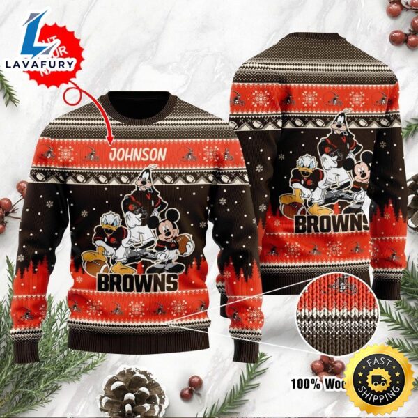 Cleveland Browns Disney Donald Duck Mickey Mouse Goofy Personalized Ugly Christmas Sweater, Perfect Holiday Gift