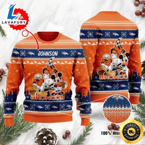 Denver Broncos Disney Donald Duck Mickey Mouse Goofy Personalized Ugly Christmas Sweater, Perfect Holiday Gift