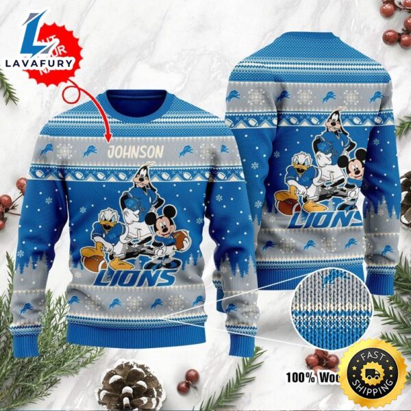 Detroit Lions Disney Donald Duck Mickey Mouse Goofy Personalized Ugly Christmas Sweater
