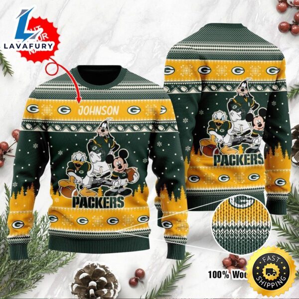 Green Bay Packers Disney Donald Duck Mickey Mouse Goofy Personalized Ugly Christmas Sweater, Perfect Holiday Gift