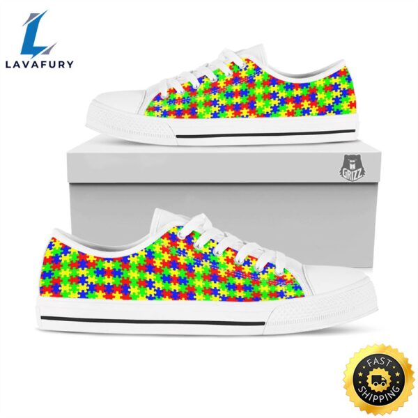 Jigsaw Autism Awareness Print Pattern White Low Top Shoes