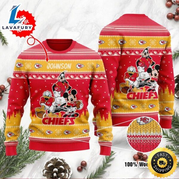 Kansas City Chiefs Disney Donald Duck Mickey Mouse Goofy Personalized Ugly Christmas Sweater, Perfect Holiday Gift