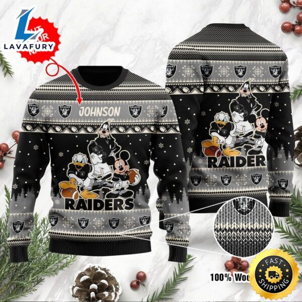 Las Vegas Raiders Disney Donald Duck Mickey Mouse Goofy Personalized Ugly Christmas Sweater, Perfect Holiday Gift