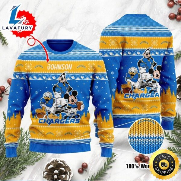 Los Angeles Chargers Disney Donald Duck Mickey Mouse Goofy Personalized Ugly Christmas Sweater, Perfect Holiday Gift