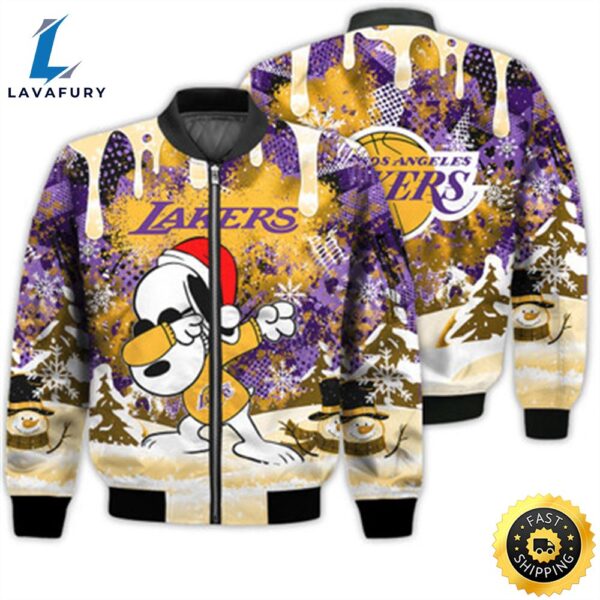 Los Angeles Lakers Snoopy Dabbing The Peanuts Sports Football American Christmas Dripping Matching Gifts Unisex 3D Bomber Jacket