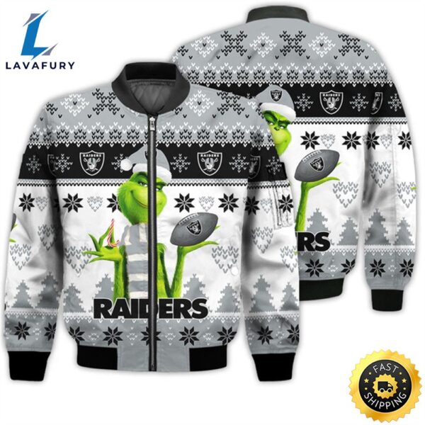 Merry Christmas 2023 Ugly Unisex Super Bowl American Grinch Cute Raiders 3D Bomber Jacket
