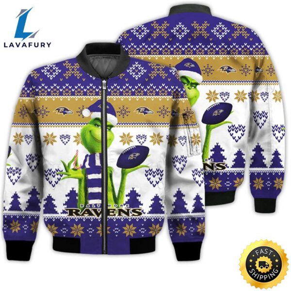Merry Christmas 2023 Ugly Unisex Super Bowl American Grinch Cute Ravens 3D Bomber Jacket