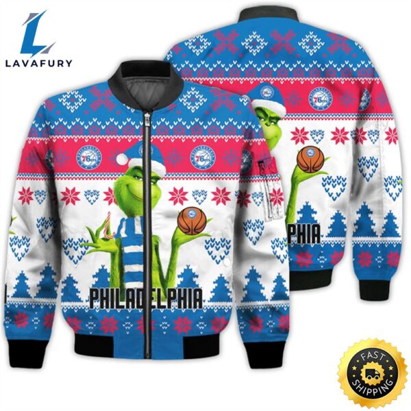 Merry Christmas 2023 Ugly Unisex The National Basketball Association American Grinch Cute 76ers 3D Bomber Jacket