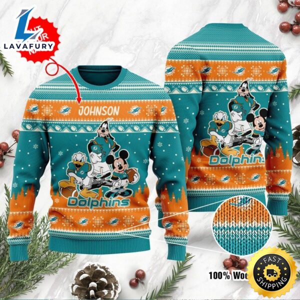 Miami Dolphins Disney Donald Duck Mickey Mouse Goofy Personalized Ugly Christmas Sweater, Perfect Holiday Gift