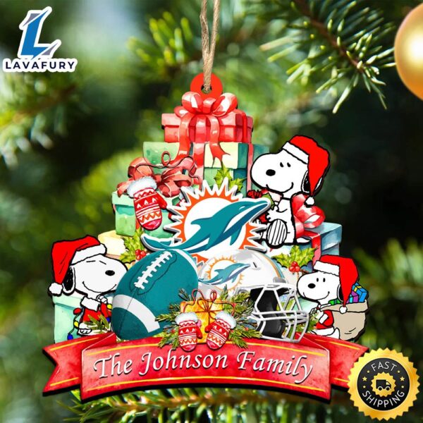 Miami Dolphins Snoopy And NFL Sport Ornament Personalized Your Family Name