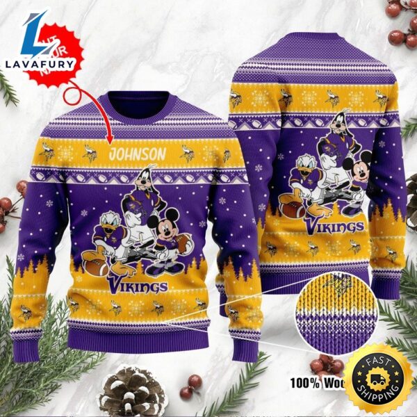 Minnesota Vikings Disney Donald Duck Mickey Mouse Goofy Personalized Ugly Christmas Sweater, Perfect Holiday Gift