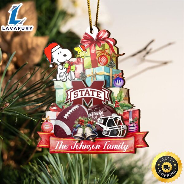 Mississippi State Bulldogs And Snoopy Christmas NCAA Ornament Custom Your Family Name