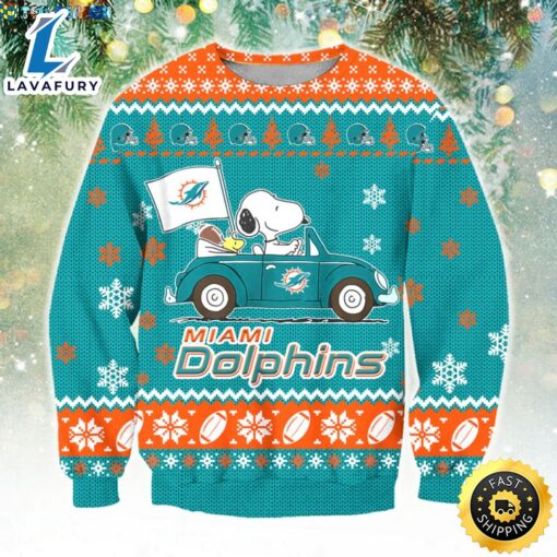 NFL Miami Dolphins Snoopy Driving Car Ugly Christmas Sweater