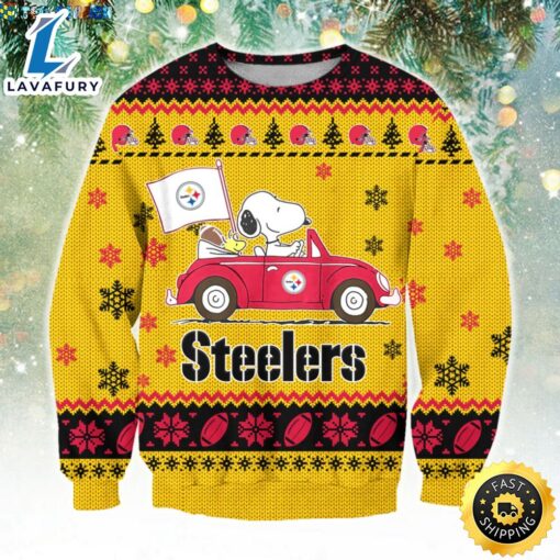 NFL Pittsburgh Steelers Snoopy Driving Car Ugly Christmas Sweater