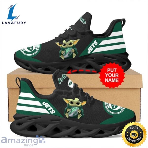 New York Jets Baby Yoda Hug Custom Name Max Soul Shoes Sneakers Running For Fans
