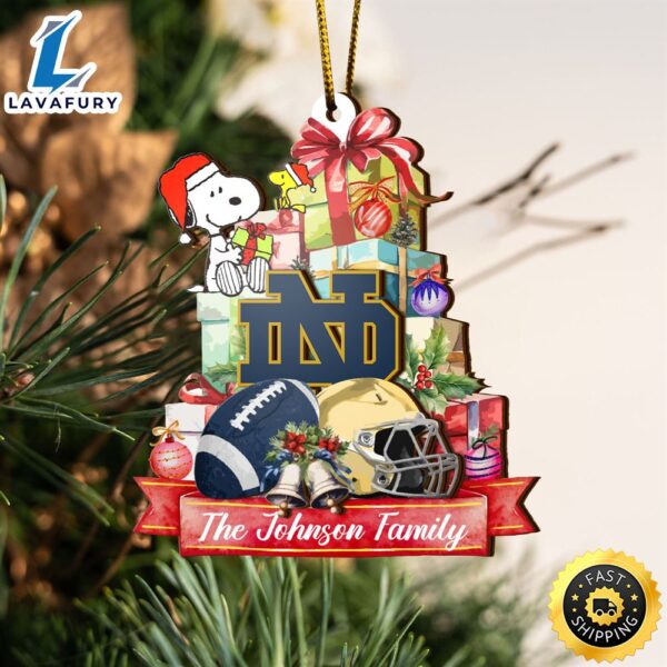 Notre Dame Fighting Irish And Snoopy Christmas NCAA Ornament Custom Your Family Name