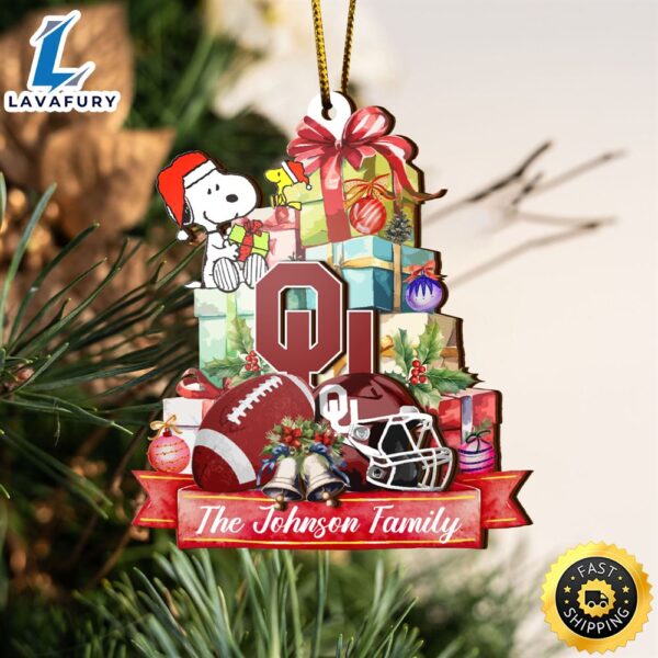 Oklahoma Sooners And Snoopy Christmas NCAA Ornament Custom Your Family Name