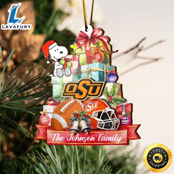 Oklahoma State Cowboys And Snoopy Christmas NCAA Ornament Custom Your Family Name