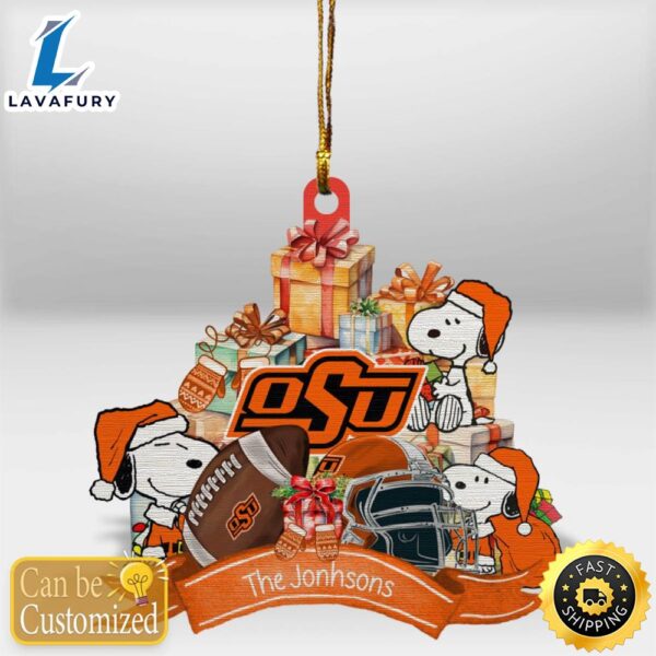 Oklahoma State Cowboys Snoopy Christmas Personalized Wooden Ornament
